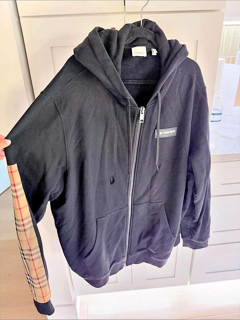 Burberry Vintage Check Panel Cotton Hoodie Black Plaid Trim XXXL